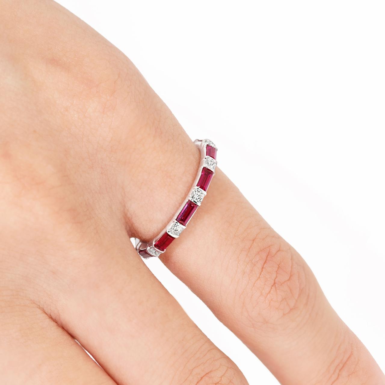 18ct white gold baguette cut ruby and princess cut diamond ring