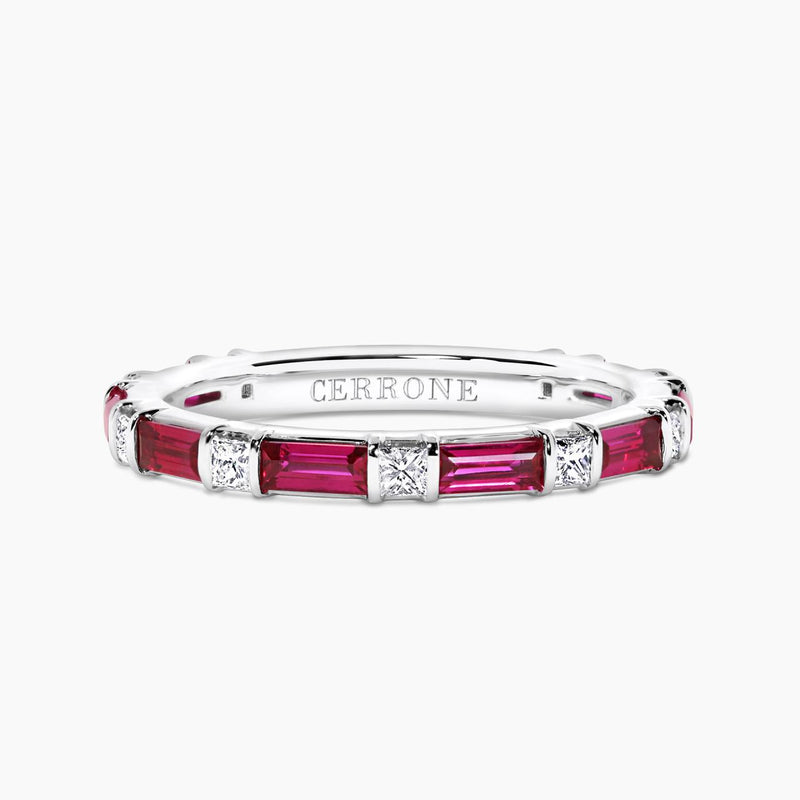 18ct white gold baguette cut ruby and princess cut diamond ring