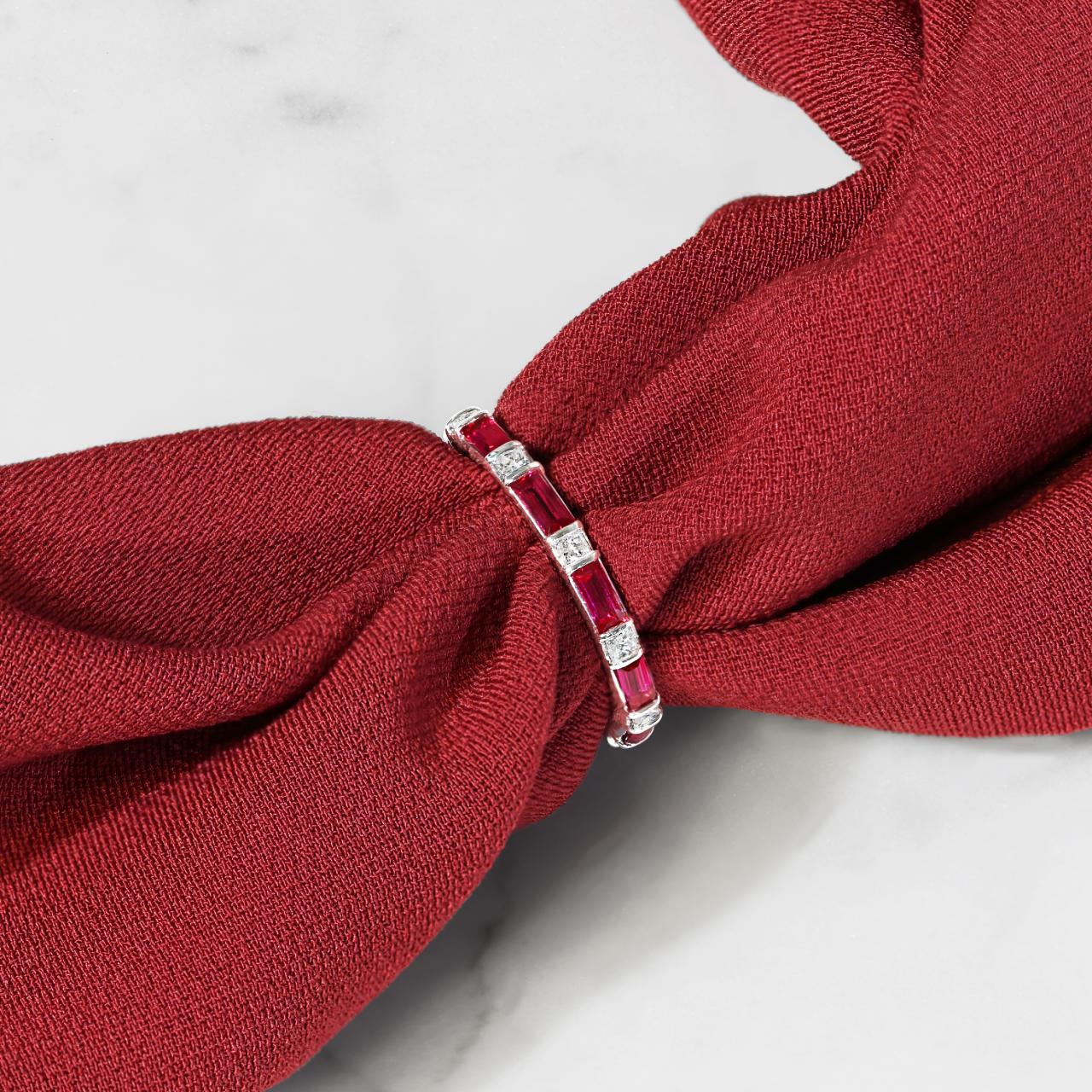 18ct white gold baguette cut ruby and princess cut diamond ring