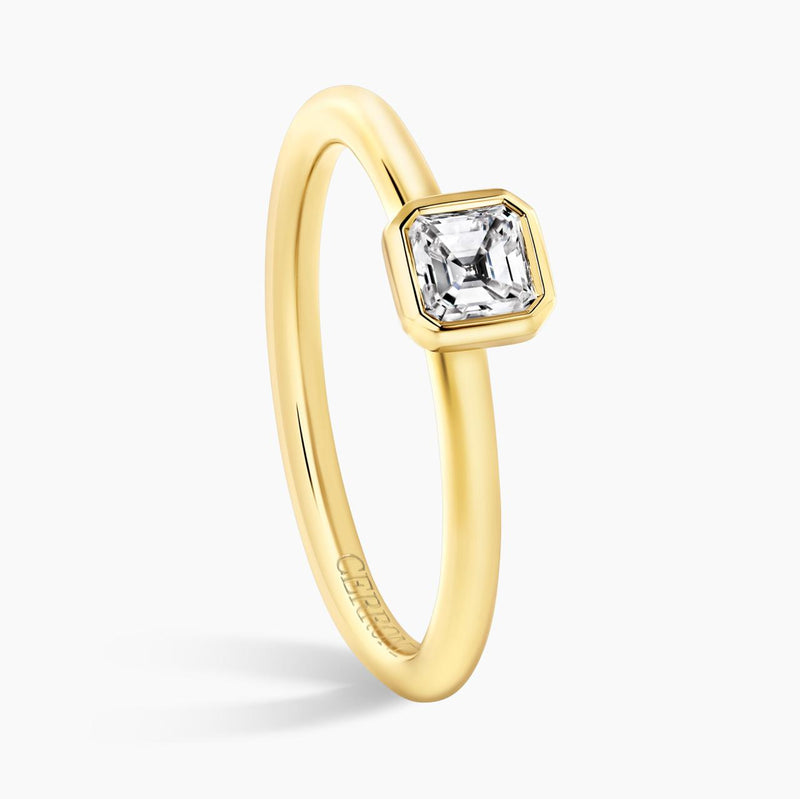 18ct yellow gold Asscher cut diamond solitaire bezel engagement ring side view