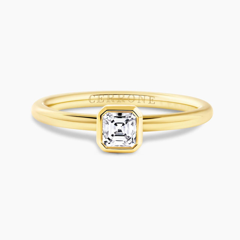 18ct yellow gold Asscher cut diamond solitaire bezel engagement ring