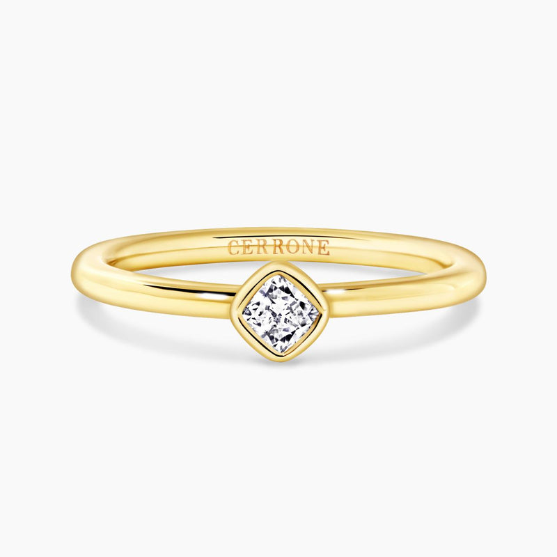 18ct yellow gold cushion cut diamond solitaire bezel ring