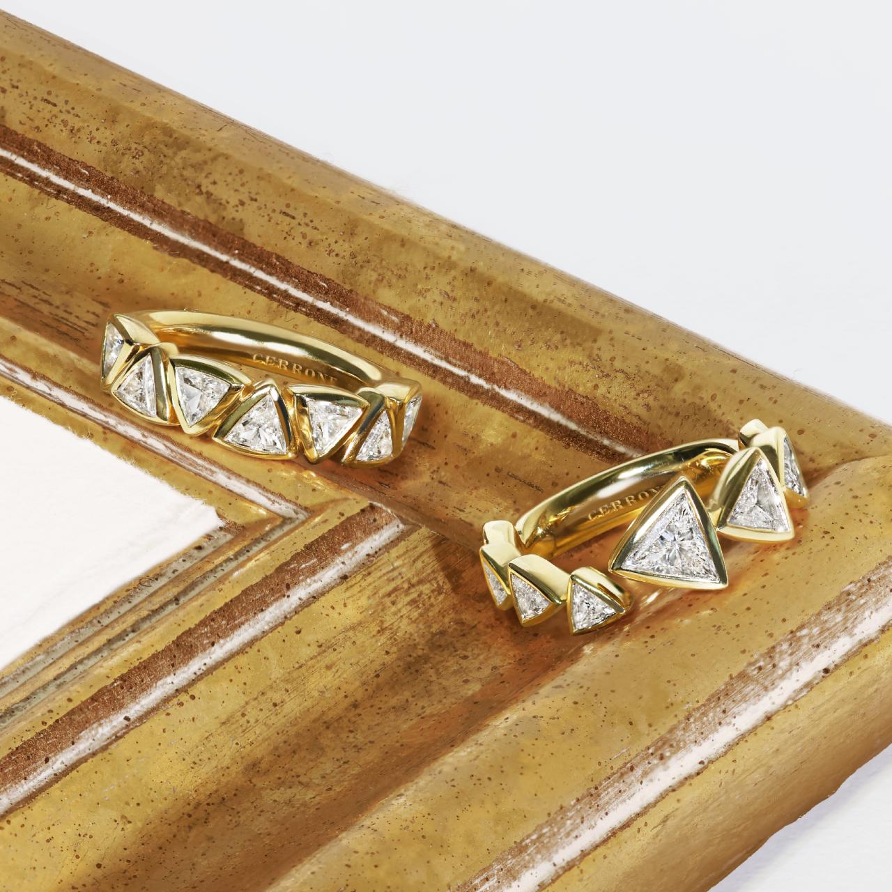 18ct yellow gold trilliant cut diamond bezel set ring