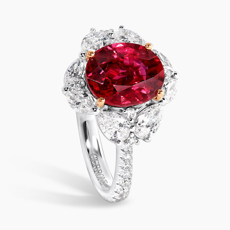 18ct white and rose gold oval Mozambique ruby and diamond ring side view