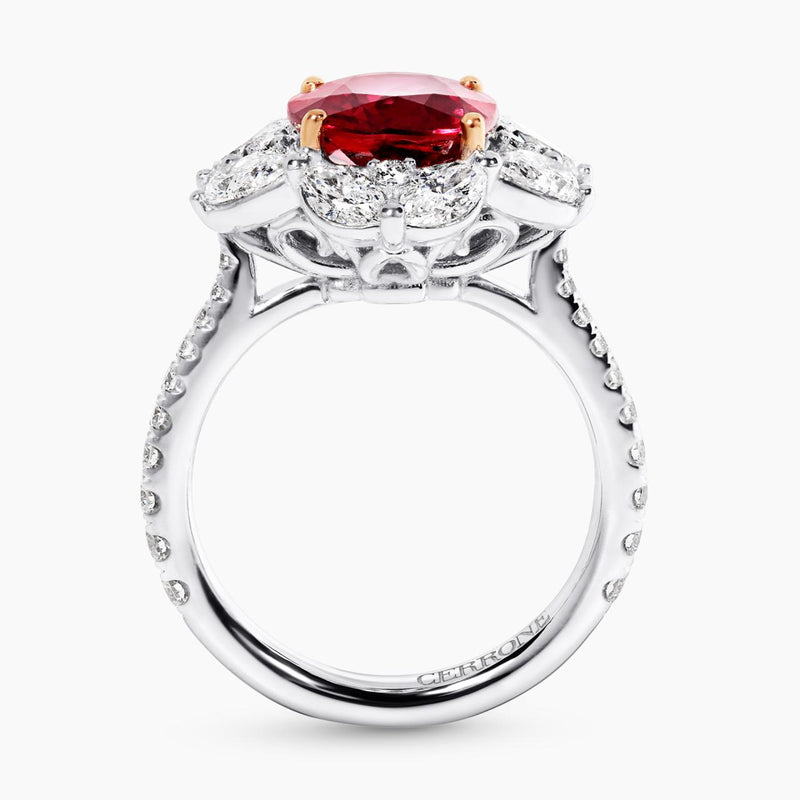 18ct white and rose gold oval Mozambique ruby and diamond ring side profile