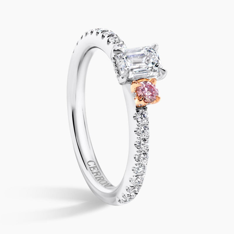 18ct white and rose gold emerald and round brilliant cut pink and white diamond engagement ring side view