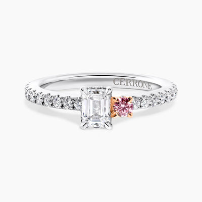18ct white and rose gold emerald and round brilliant cut pink and white diamond engagement ring