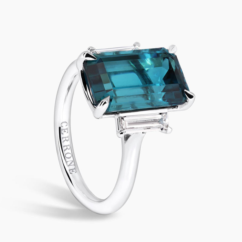 18ct white gold fancy cut indicolite tourmaline & diamond ring side view