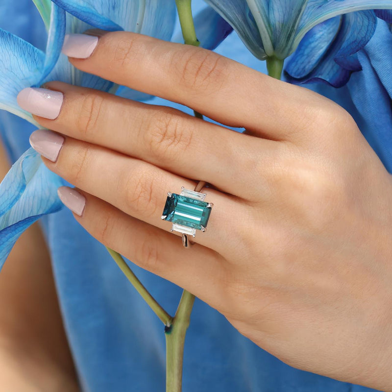 18ct white gold fancy cut indicolite tourmaline & diamond ring on the finger