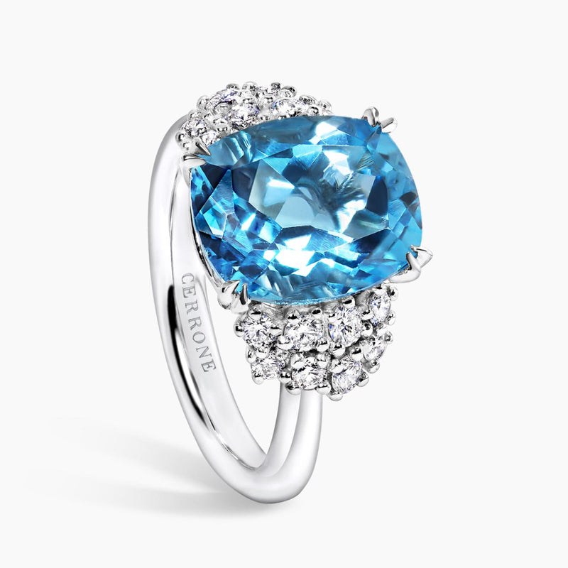 18ct white gold cushion cut Swiss blue topaz & diamond ring side view