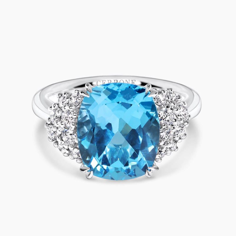 18ct white gold cushion cut Swiss blue topaz & diamond ring