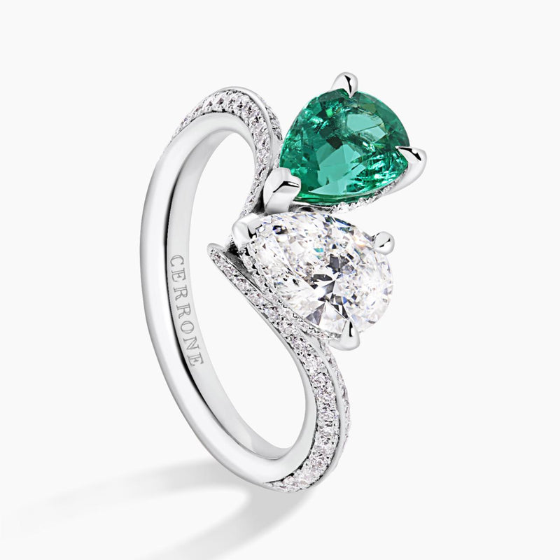18ct white gold pear shape Zambian emerald and diamond ring side profile