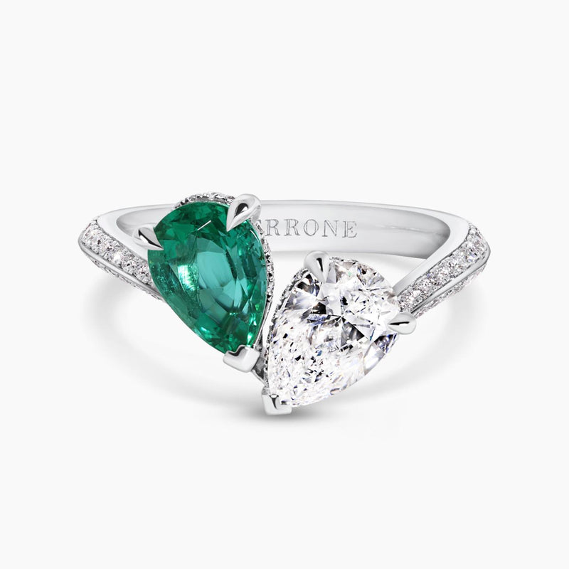 18ct white gold pear shape Zambian emerald and diamond ring
