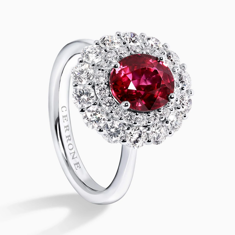 18ct white gold oval Mozambique ruby and diamond ring side view