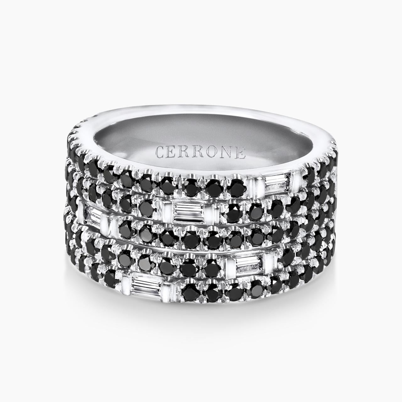18ct white gold baguette and round brilliant cut black diamond ring