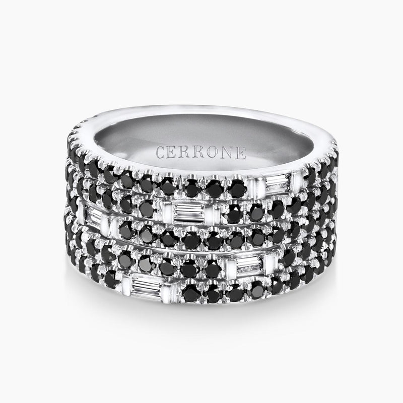 18ct white gold baguette and round brilliant cut black diamond ring