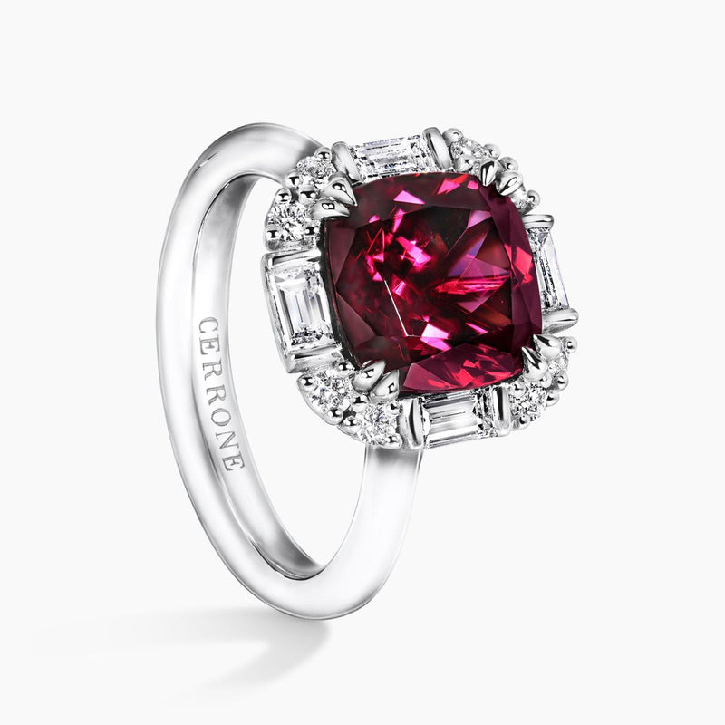 18ct white gold cushion cut Tanzanian rhodolite garnet & diamond ring side view