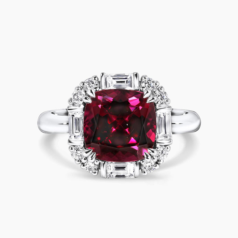 18ct white gold cushion cut Tanzanian rhodolite garnet & diamond ring 