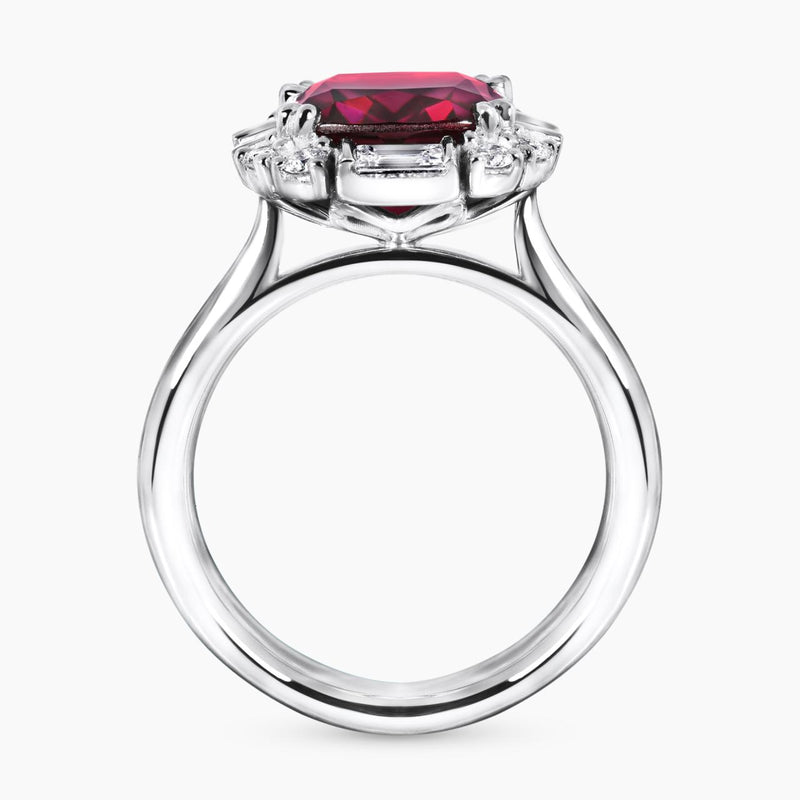 18ct white gold cushion cut Tanzanian rhodolite garnet & diamond ring  side profile