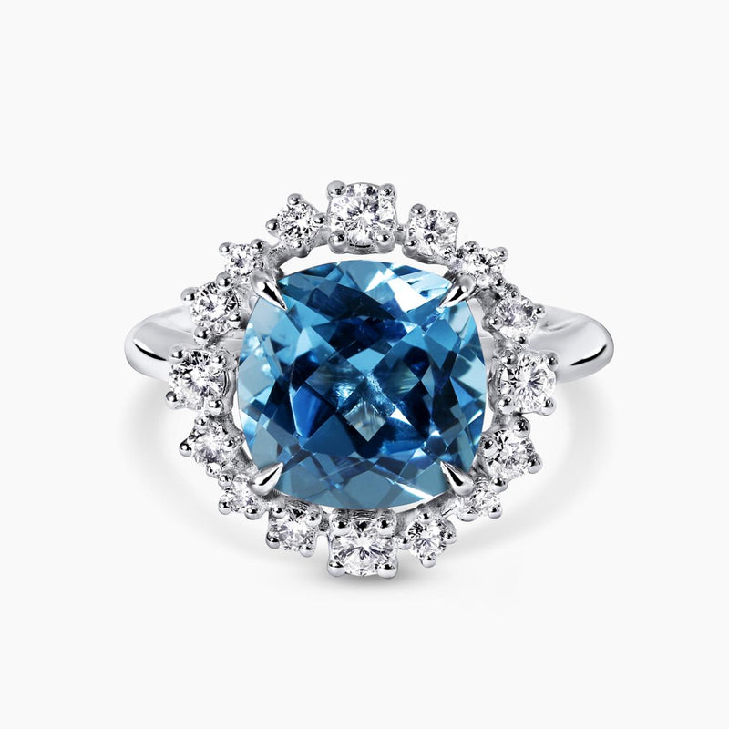 18ct white gold cushion cut Swiss blue topaz and diamond halo ring