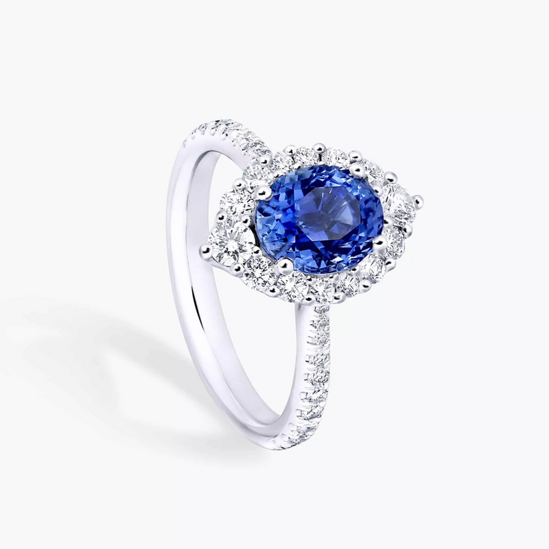 18ct white gold oval Ceylon sapphire and diamond ring side view