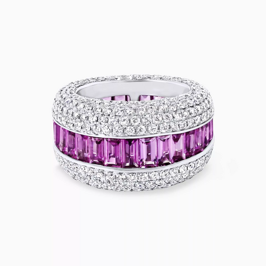 18ct white gold graduated emerald cut pink sapphire and pave set round brilliant cut diamond dress ring