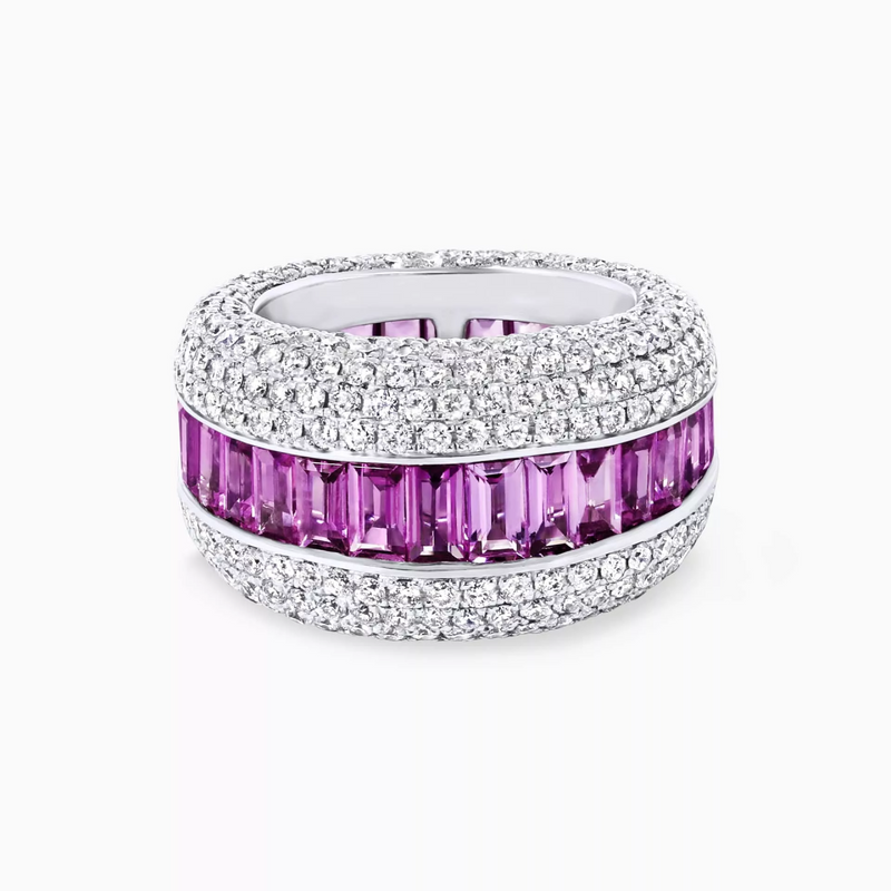18ct white gold graduated emerald cut pink sapphire and pave set round brilliant cut diamond dress ring