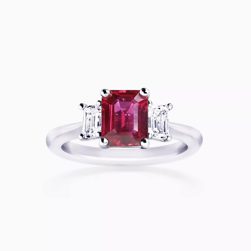 Platinum Mozambique emerald cut ruby and diamond ring
