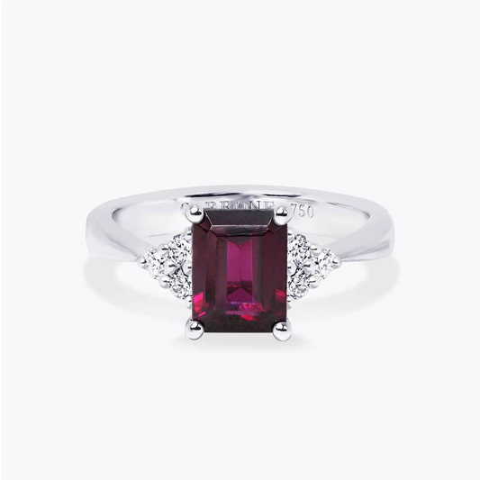18ct white gold 2.27ct emerald cut rhodolite garnet and round brilliant cut diamond ring