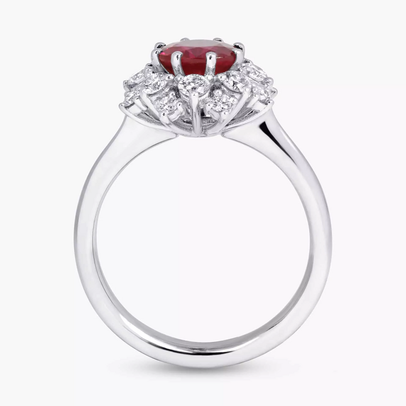 Platinum round brilliant cut ruby and diamond halo ring side profile