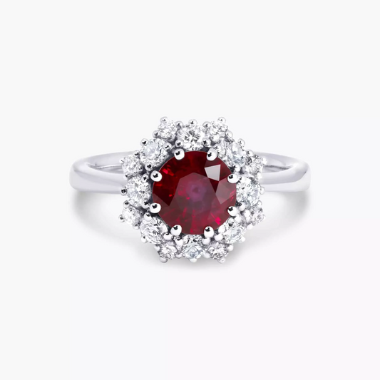 Platinum 1.33ct round brilliant cut ruby and diamond halo ring