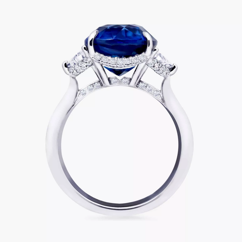 18ct white gold cushion cut Ceylon sapphire and Cadillac diamond ring side profile