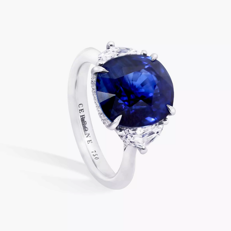 18ct white gold cushion cut Ceylon sapphire and cadilac diamond ring