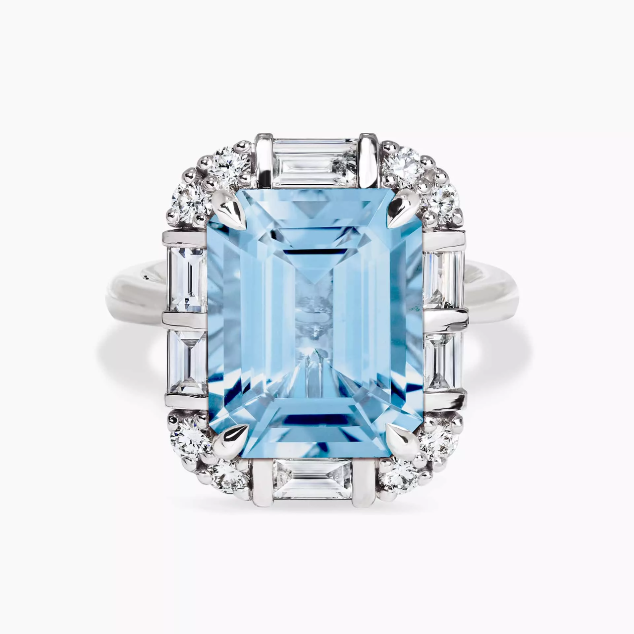 18ct white gold 16.08ct emerald cut aquamarine and diamond ring from the Hampton Collection