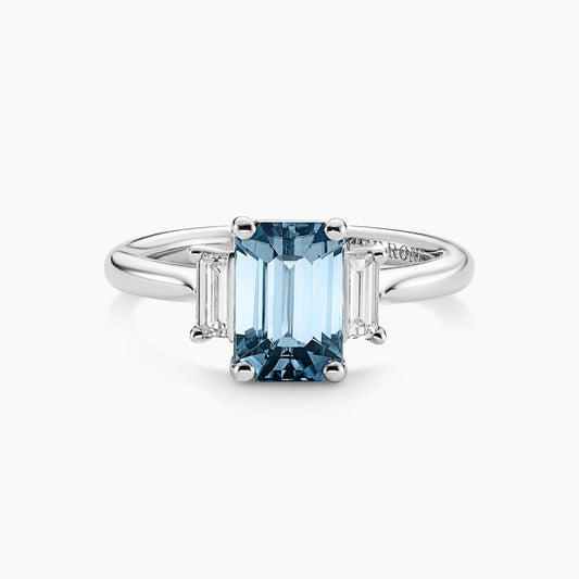 Platinum 3.33ct blue zircon emerald cut and baguette diamond ring