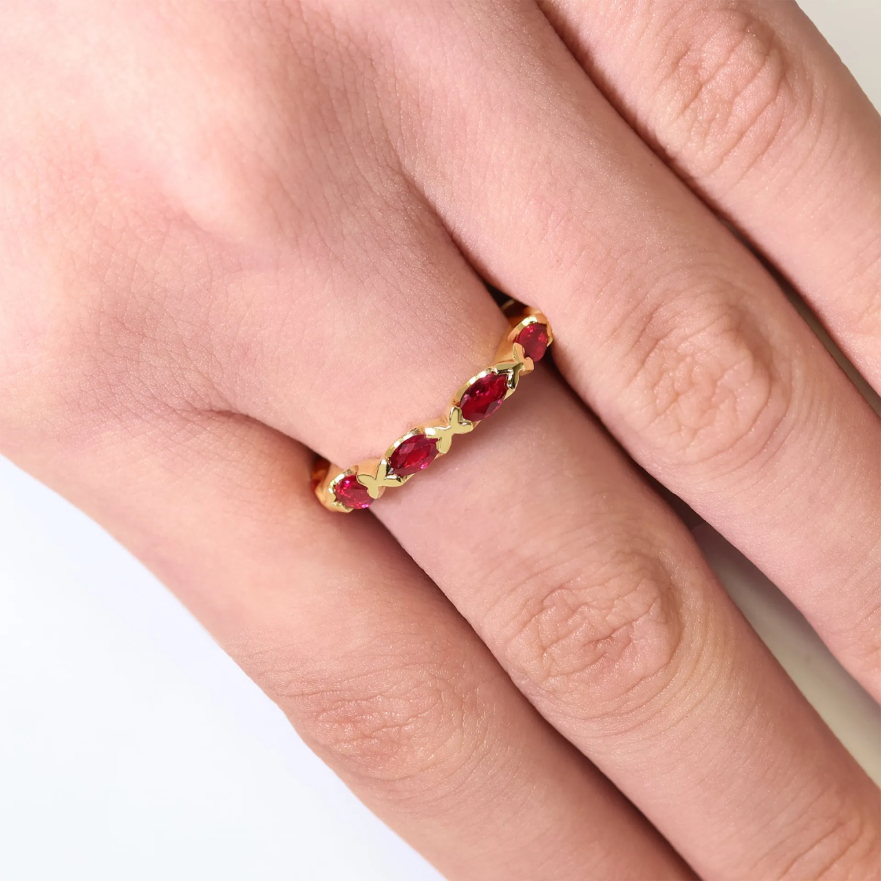 18ct yellow gold marquise cut ruby full circle ring