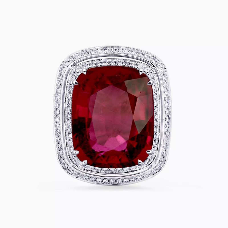 18ct White Gold Cushion Cut Tourmaline and round brilliant cut diamond double halo ring