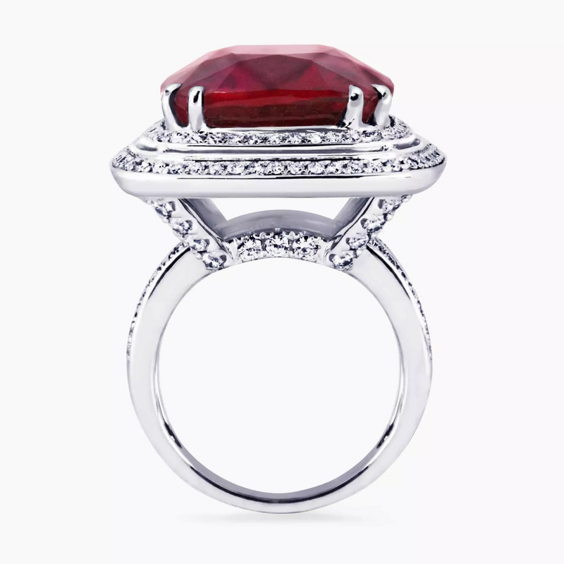 18ct White Gold Cushion Cut Tourmaline and round brilliant cut diamond double halo ring side profile