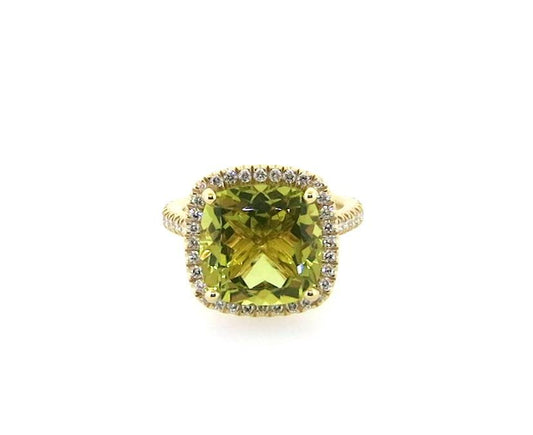 18ct yellow gold cushion cut yellow quartz and round brilliant cut diamond halo ring