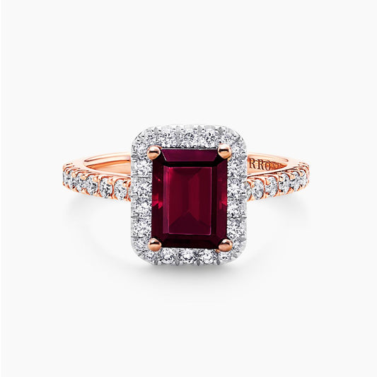 18ct rose and white gold 2.40ct emerald cut rhodolite garnet and round brilliant cut diamond halo ring