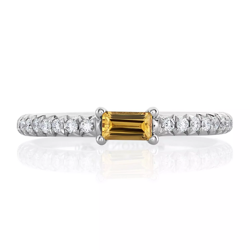 Platinum baguette golden sapphire and round brilliant cut diamond ring