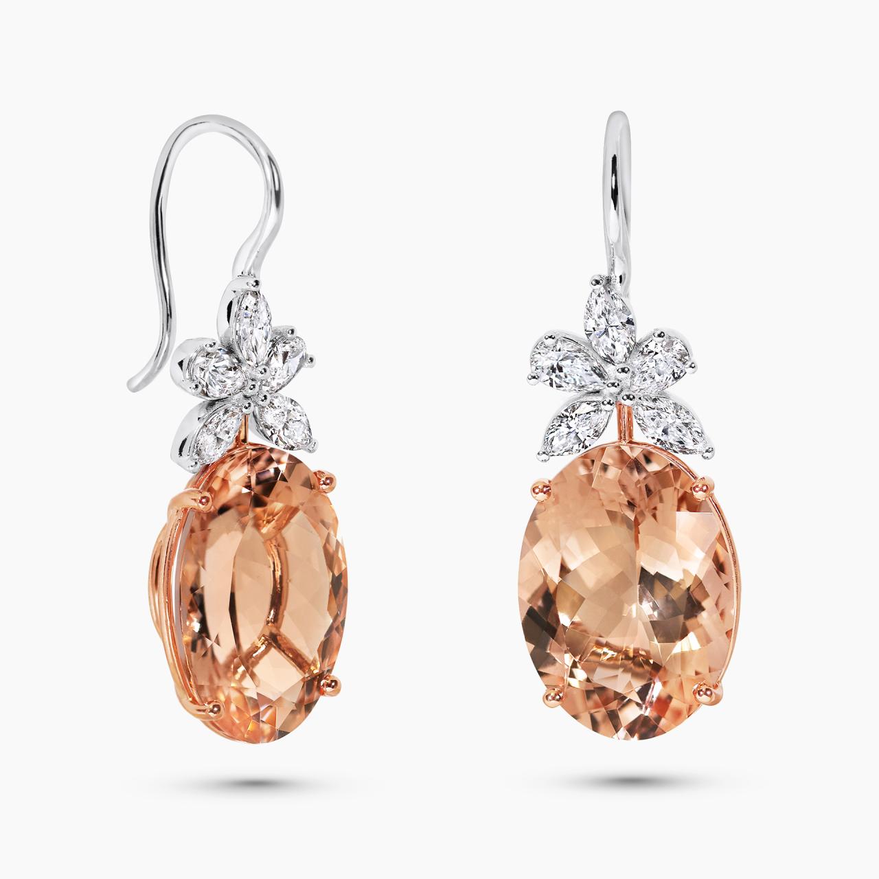 18ct rose and white gold oval morganite and marquise cut diamond drop earrings