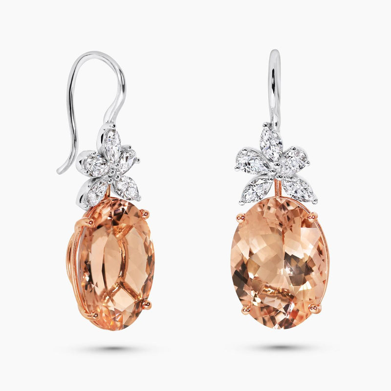18ct rose and white gold oval morganite and marquise cut diamond drop earrings