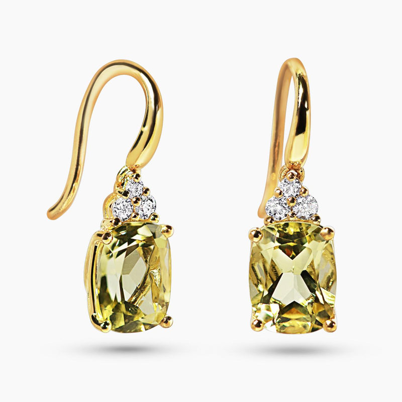 A pair of 18ct yellow gold hook earrings featuring cushion cut lemon quartz with round brilliant cut diamonds