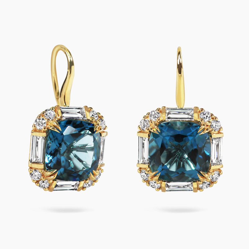 18ct yellow gold cushion cut London blue topaz & diamond drop earrings from the Hampton Collection