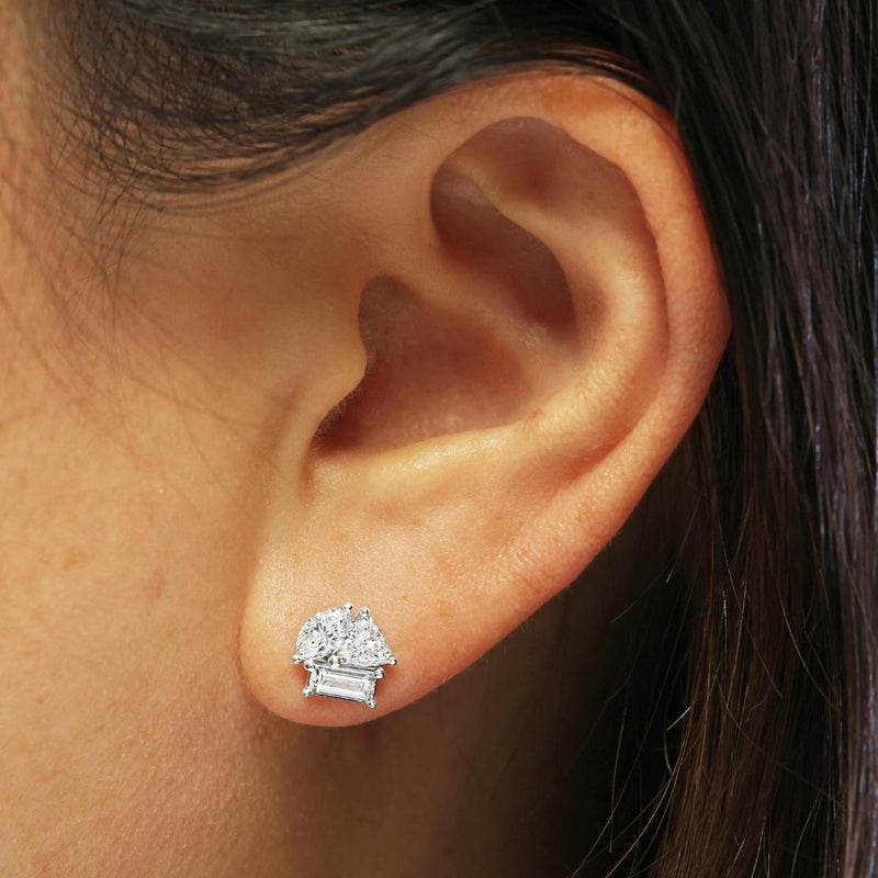 18ct white gold trillion, baguette & marquise diamond stud earrings on the ear
