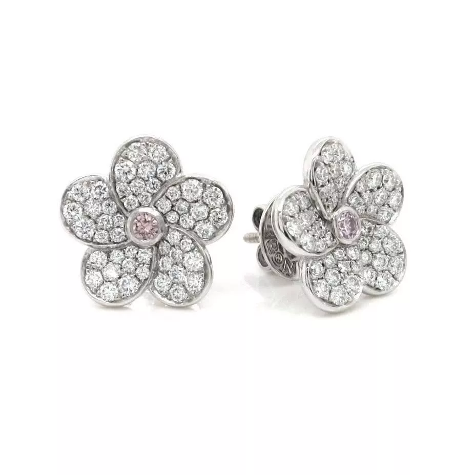 18ct white gold Australian Argyle Pink and round brilliant cut diamond flower stud earrings