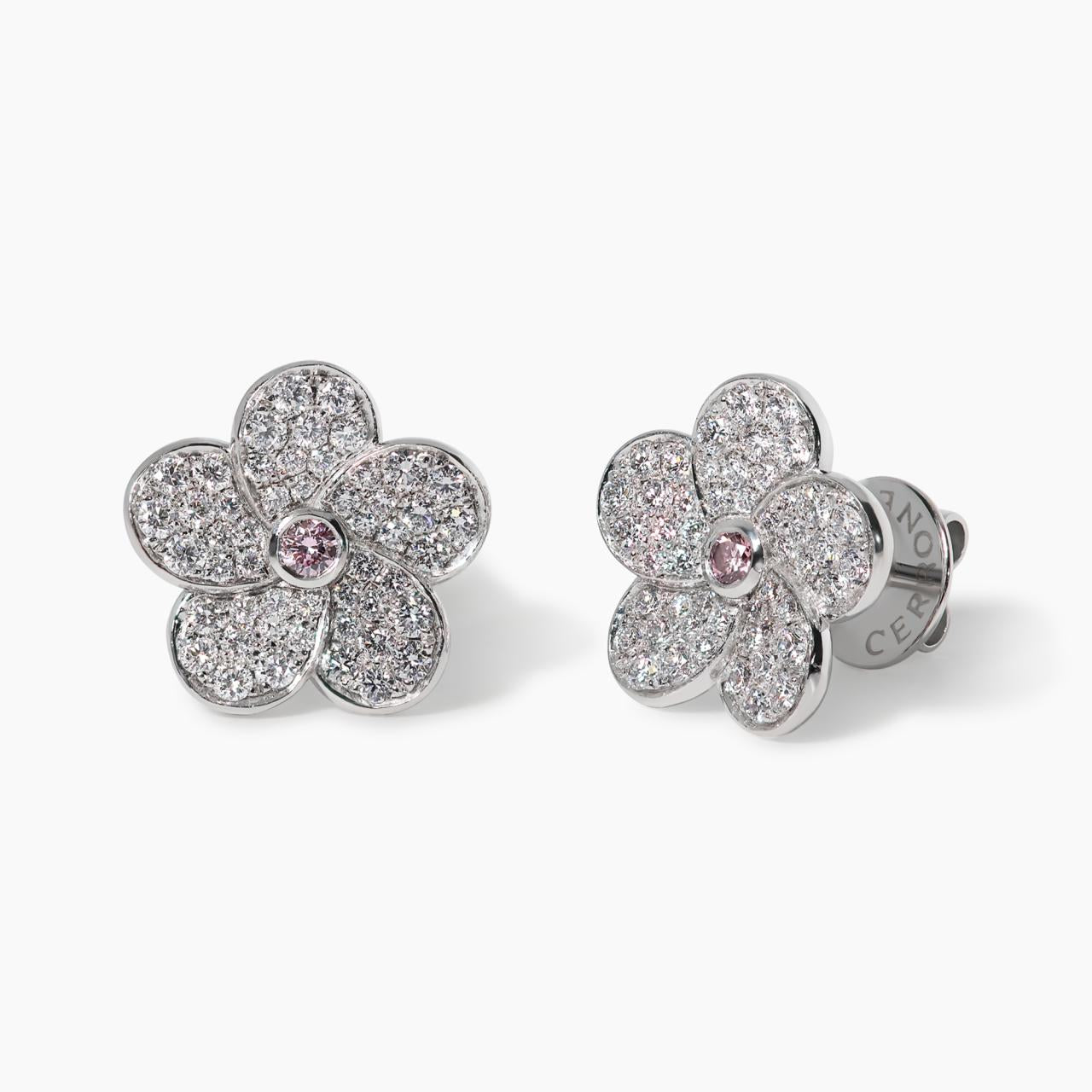 18ct white gold Australian Argyle Pink and round brilliant cut diamond flower stud earrings