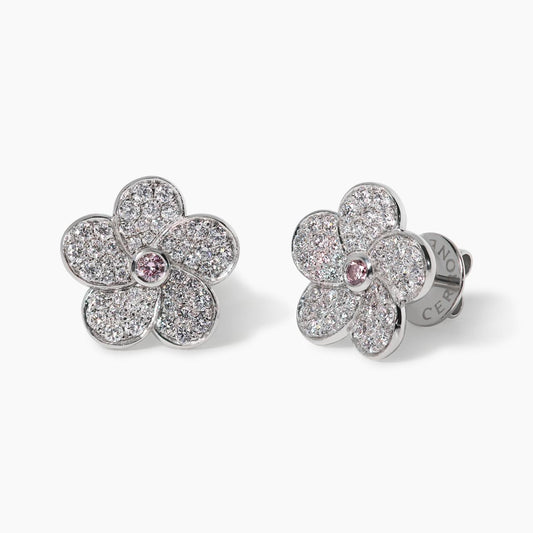 18ct white gold Australian Argyle Pink and round brilliant cut diamond flower stud earrings
