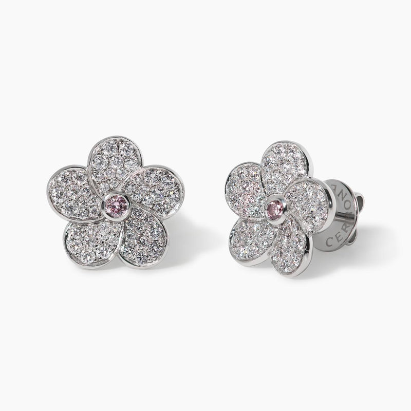 18ct white gold Australian Argyle Pink and round brilliant cut diamond flower stud earrings